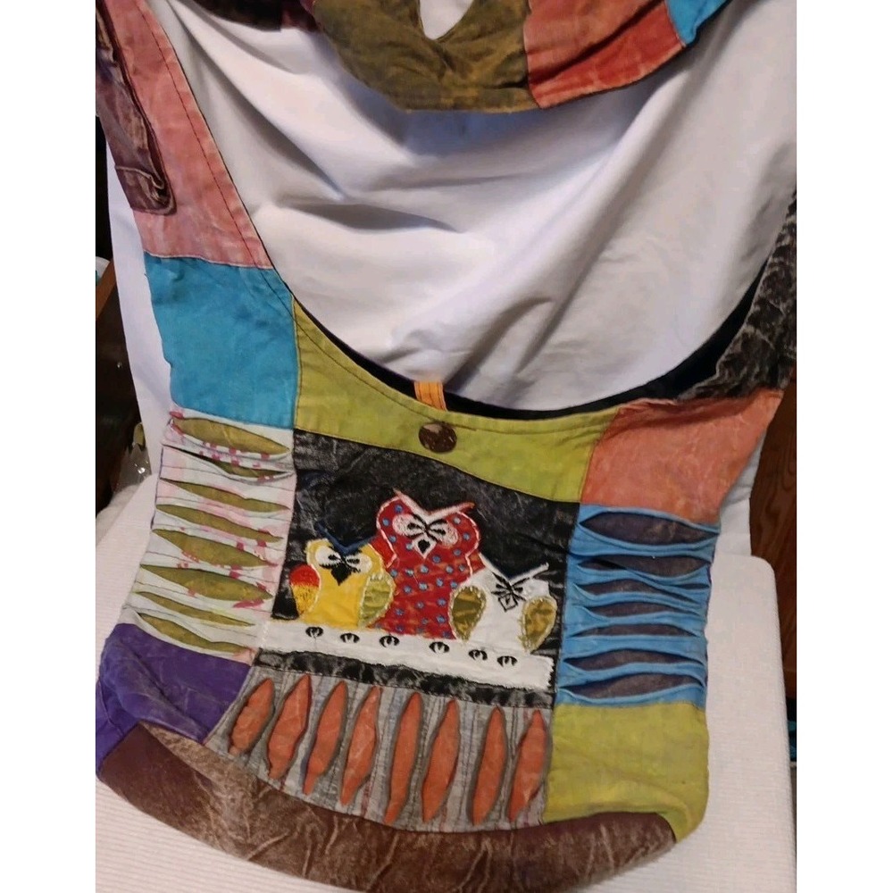 Rising International Patchwork Owls Multicolor Fabric Boho Sling Bag Button Zips